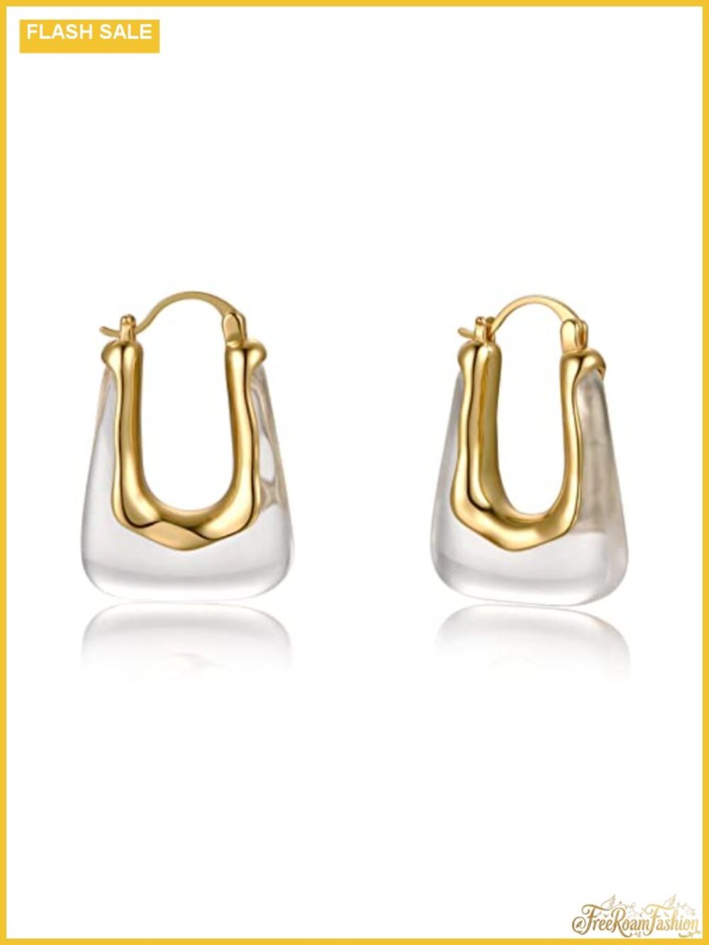 Gold Plated Lucite Rectangle Hoop Earrings Clear Acrylic Cubic Zirconia